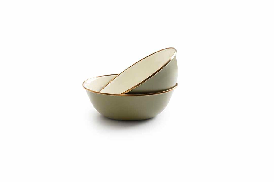 [CKW-1025] Emaille Schalen zweifarbig, 2er Set, olive drab, Barebones